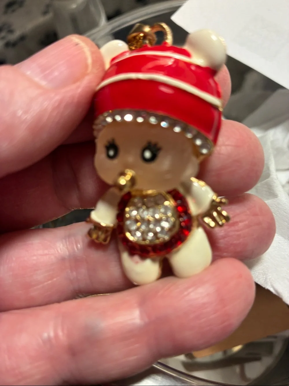 Moveable baby girl Pendant Necklace in Red, Cream & Gold